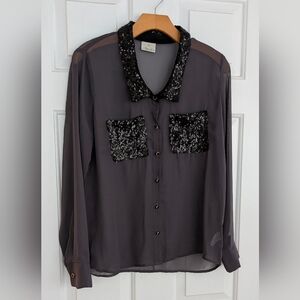 Solemio Black / Gray Sheer Blouse with Sequin Accents
